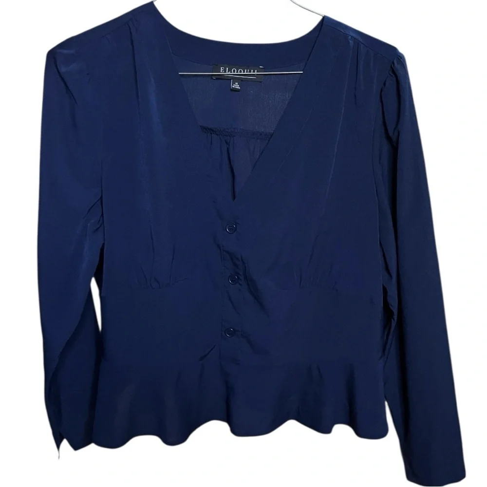 Eloquii Pintuck V Neck Button Peplum Long Sleeve Navy Blue Blouse Size 16